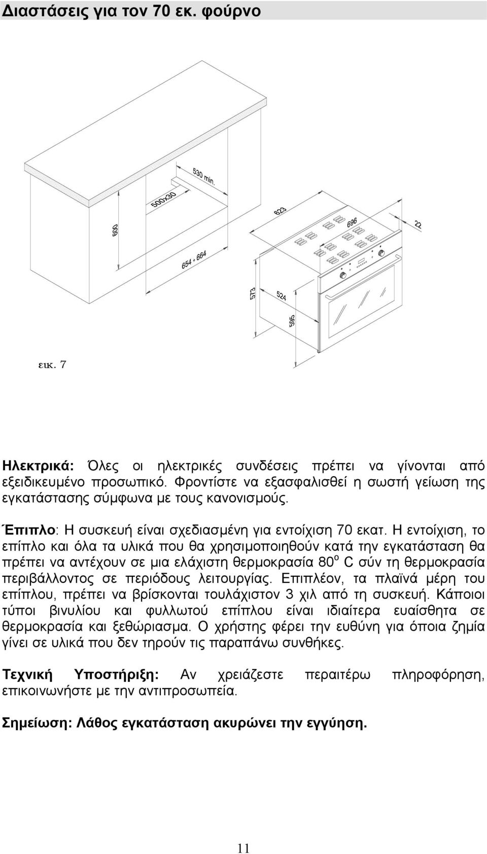 Η εντοίχιση, το επίπλο και όλα τα υλικά που θα χρησιµοποιηθούν κατά την εγκατάσταση θα πρέπει να αντέχουν σε µια ελάχιστη θερµοκρασία 80 ο C σύν τη θερµοκρασία περιβάλλοντος σε περιόδους λειτουργίας.