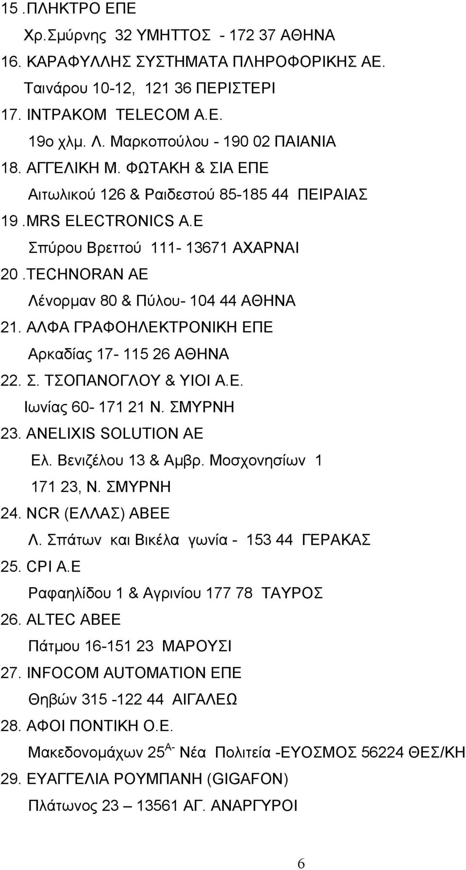 ΑΛΦΑ ΓΡΑΦΟΗΛΕΚΤΡΟΝΙΚΗ ΕΠΕ Αρκαδίας 17-115 26 ΑΘΗΝΑ 22. Σ. ΤΣΟΠΑΝΟΓΛΟΥ & ΥΙΟΙ Α.Ε. Ιωνίας 60-171 21 Ν. ΣΜΥΡΝΗ 23. ANELIXIS SOLUTION AE Eλ. Βενιζέλου 13 & Αμβρ. Μοσχονησίων 1 171 23, Ν. ΣΜΥΡΝΗ 24.