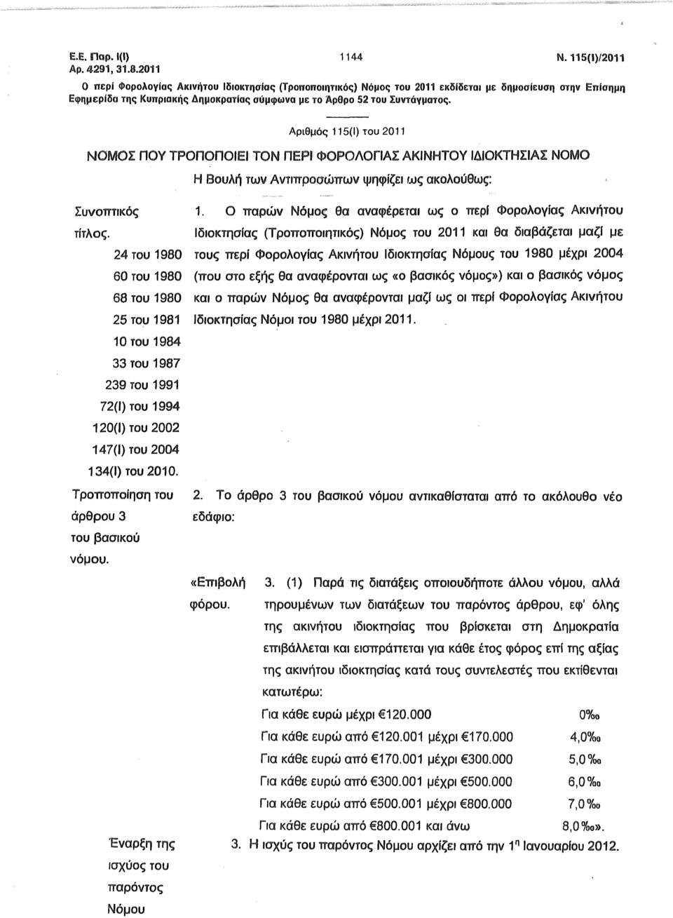 Αριθμό 115(1) του 2011 ΝΟΜΟΣ ΠΟΥ ΤΡΟΠΟΠΟΙΕΙ ΤΟΝ ΠΕΡΙ ΦΟΡΟΛΟΓΙΑΣ ΑΚΙΝΗΤΟΥ ΙΔΙΟΚΤΗΣΙΑΣ ΝΟΜΟ Η Βουλή των Αντιπ ροσώπ ων ψηφίζει ω ακολούθω : Συνοπ τικό 1.