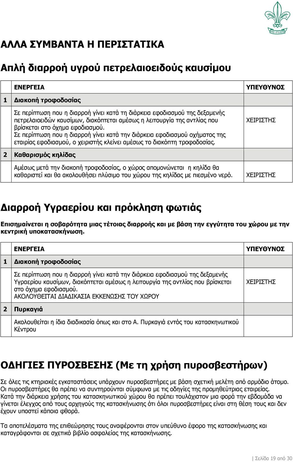 Σε περίπτωση που η διαρροή γίνει κατά την διάρκεια εφοδιασμού οχήματος της εταιρίας εφοδιασμού, ο χειριστής κλείνει αμέσως το διακόπτη τροφοδοσίας.