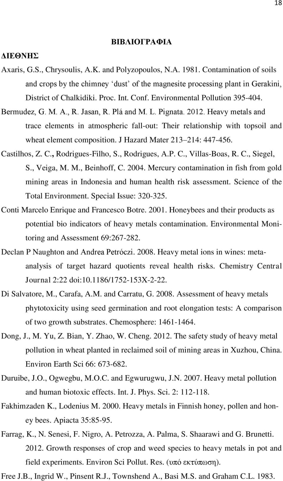 Jasan, R. Plá and M. L. Pignata. 2012. Heavy metals and trace elements in atmospheric fall-out: Their relationship with topsoil and wheat element composition. J Hazard Mater 213 214: 447-456.