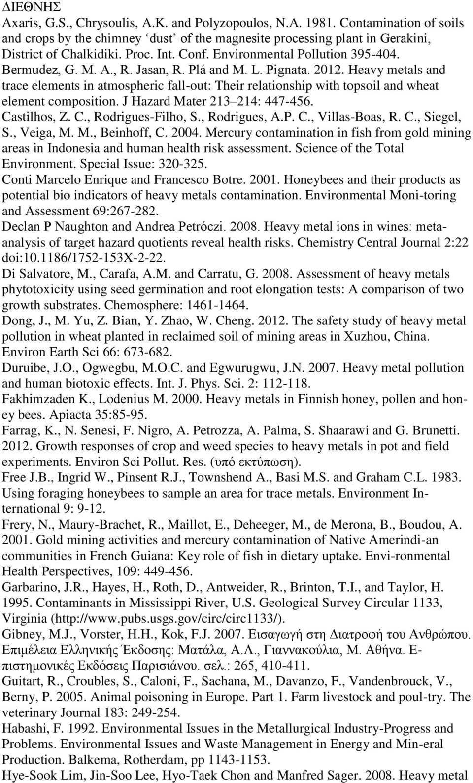 Heavy metals and trace elements in atmospheric fall-out: Their relationship with topsoil and wheat element composition. J Hazard Mater 213 214: 447-456. Castilhos, Z. C., Rodrigues-Filho, S.