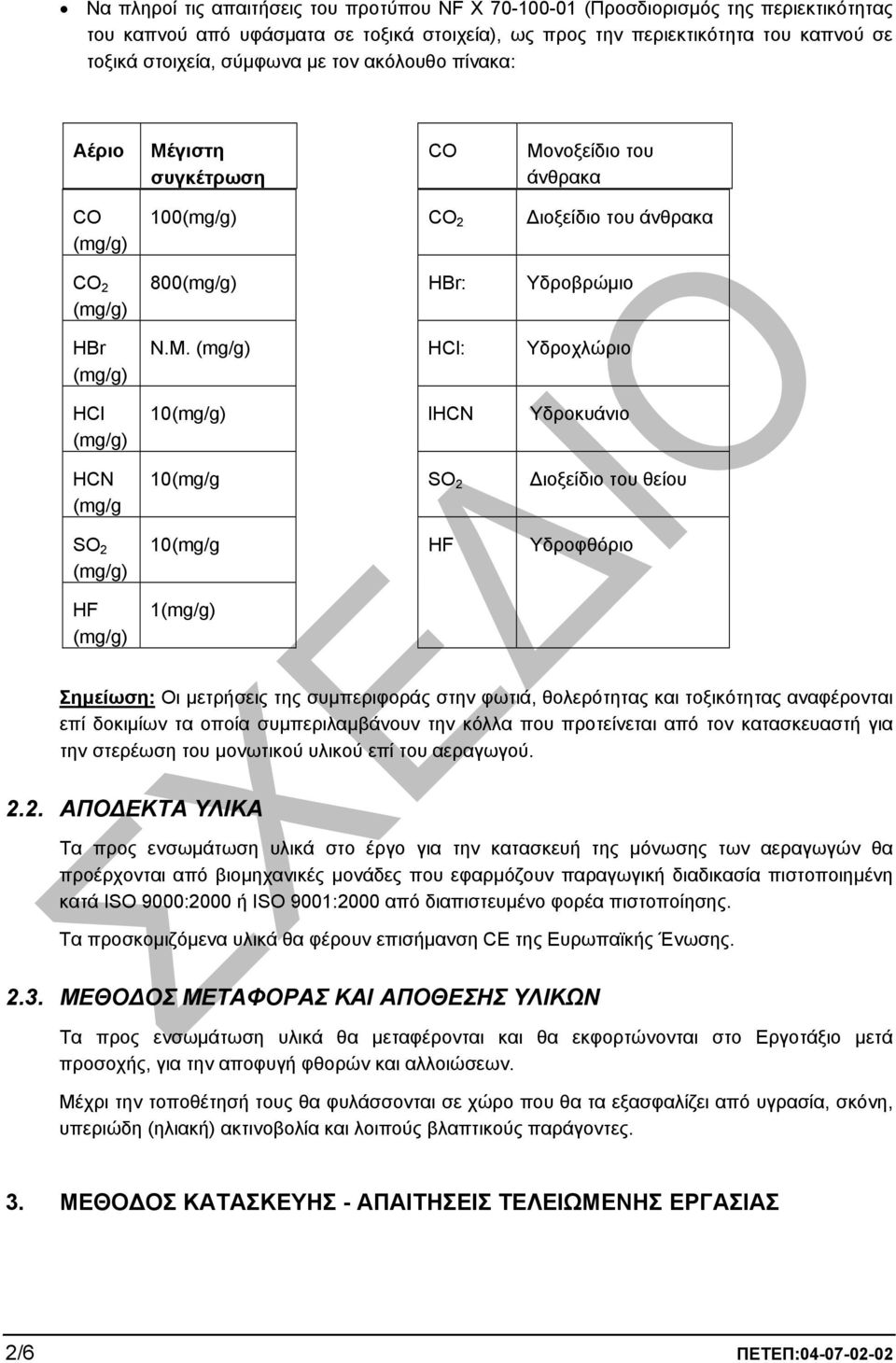 HCl: Υδροχλώριο 10 lhcn Υδροκυάνιο 10(mg/g SO 2 ιοξείδιο του θείου SO 2 10(mg/g HF Υδροφθόριο HF 1 Σηµείωση: Οι µετρήσεις της συµπεριφοράς στην φωτιά, θολερότητας και τοξικότητας αναφέρονται επί