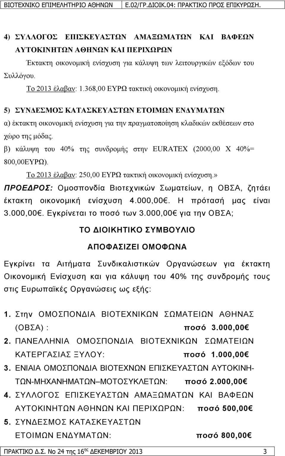 β) θάιπςε ηνπ 40% ηεο ζπλδξνκήο ζηελ ΔURATEX (2000,00 Υ 40%= 800,00ΔΤΡΩ). Σν 2013 έιαβαλ: 250,00 ΔΤΡΩ ηαθηηθή νηθνλνκηθή ελίζρπζε.