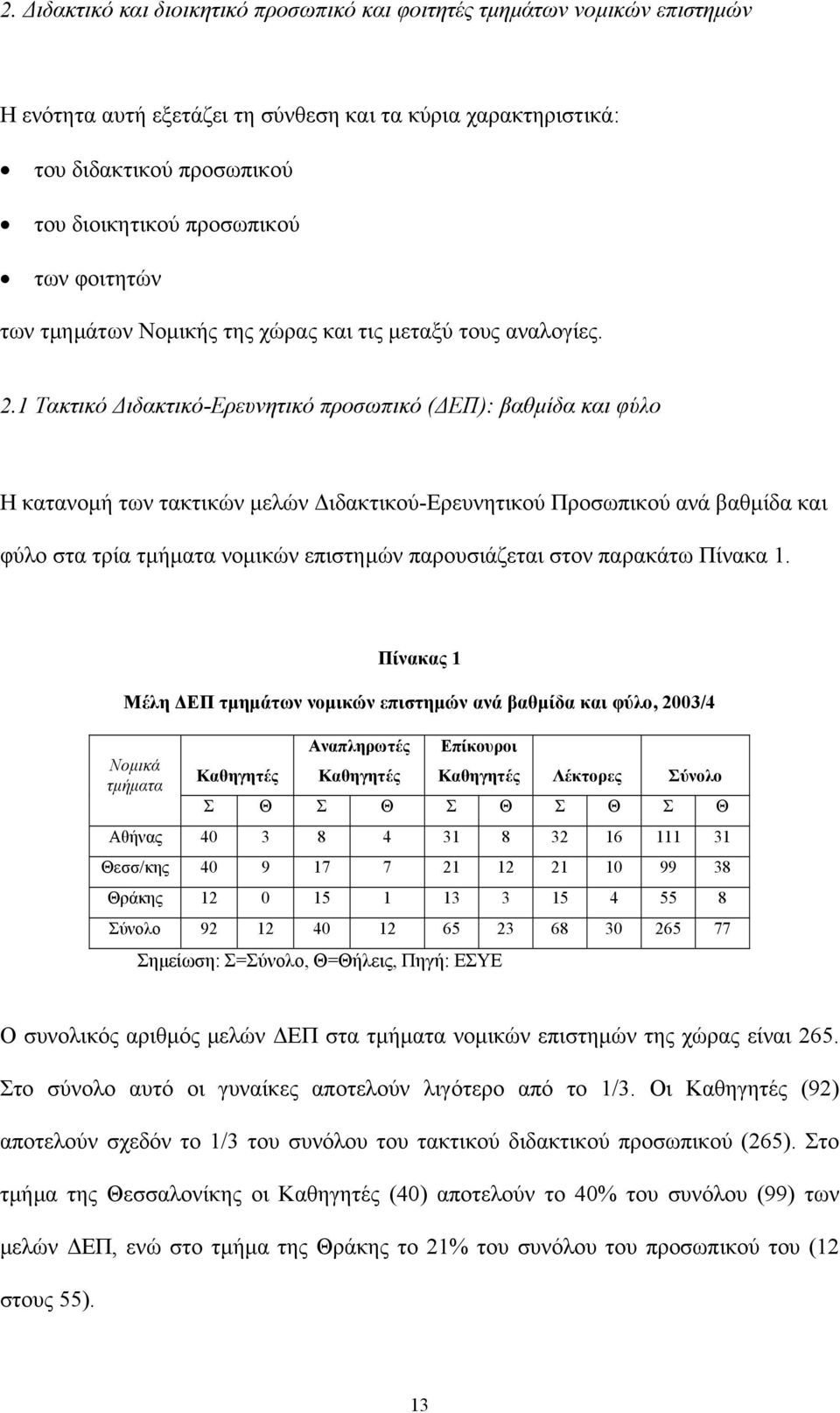 1 Τακτικό ιδακτικό-ερευνητικό προσωπικό ( ΕΠ): βαθµίδα και φύλο Η κατανοµή των τακτικών µελών ιδακτικού-ερευνητικού Προσωπικού ανά βαθµίδα και φύλο στα τρία τµήµατα νοµικών επιστηµών παρουσιάζεται