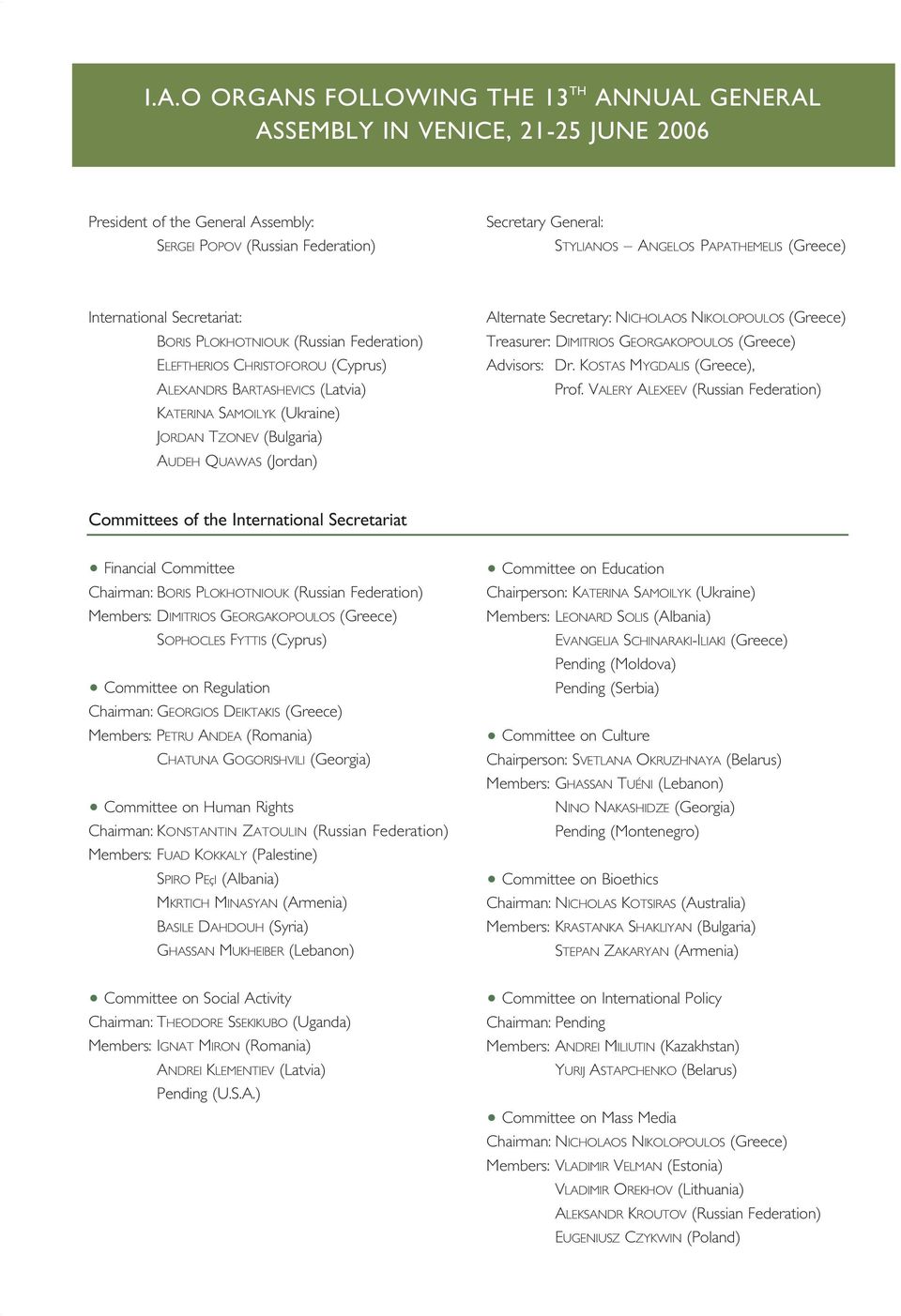 (Bulgaria) AUDEH QUAWAS (Jordan) Alternate Secretary: NICHOLAOS NIKOLOPOULOS (Greece) Treasurer: DIMITRIOS GEORGAKOPOULOS (Greece) Advisors: Dr. KOSTAS MYGDALIS (Greece), Prof.