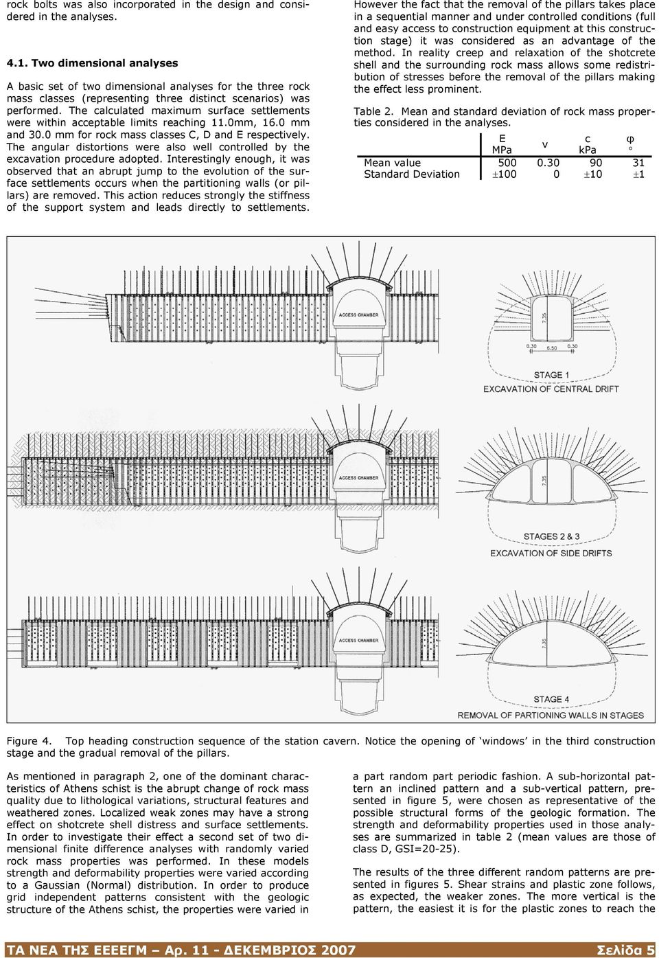 The calculated maximum surface settlements were within acceptable limits reaching.0mm, 6.0 mm and 30.0 mm for rock mass classes C, D and E respectively.