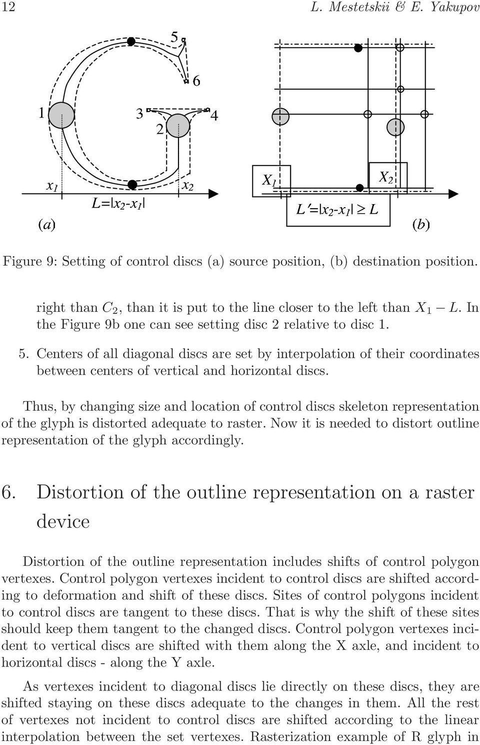 Thus, by changing size and location of control discs skeleton representation of the glyph is distorted adequate to raster. Now it is needed to distort outline representation of the glyph accordingly.