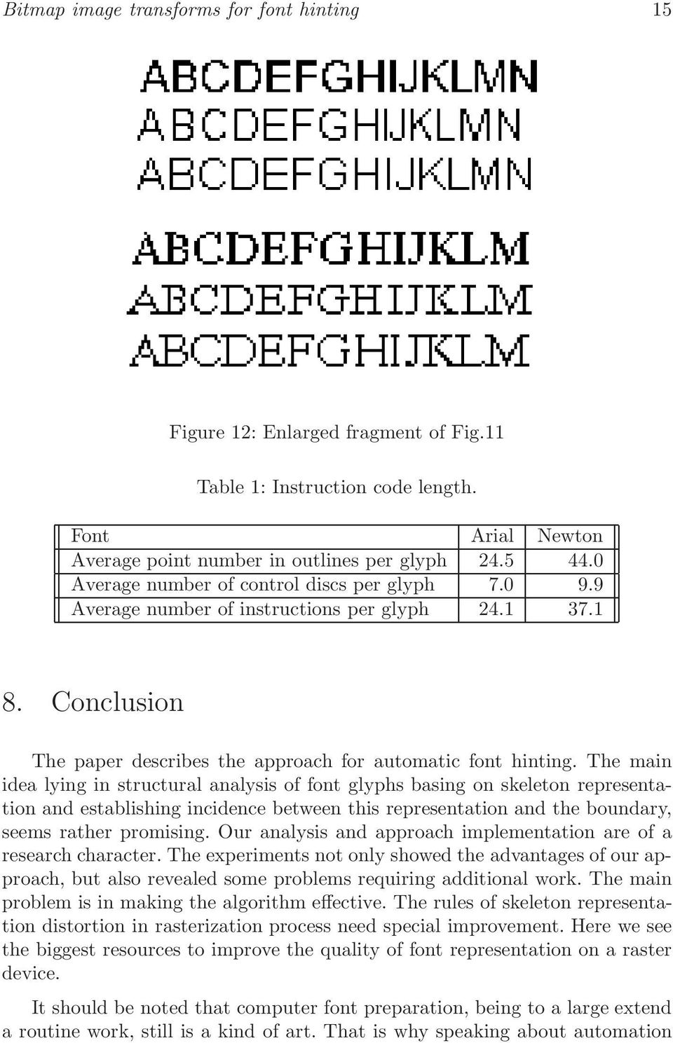 The main idea lying in structural analysis of font glyphs basing on skeleton representation and establishing incidence between this representation and the boundary, seems rather promising.