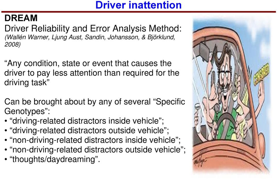 Can be brought about by any of several Specific Genotypes : driving-related distractors inside vehicle ; driving-related