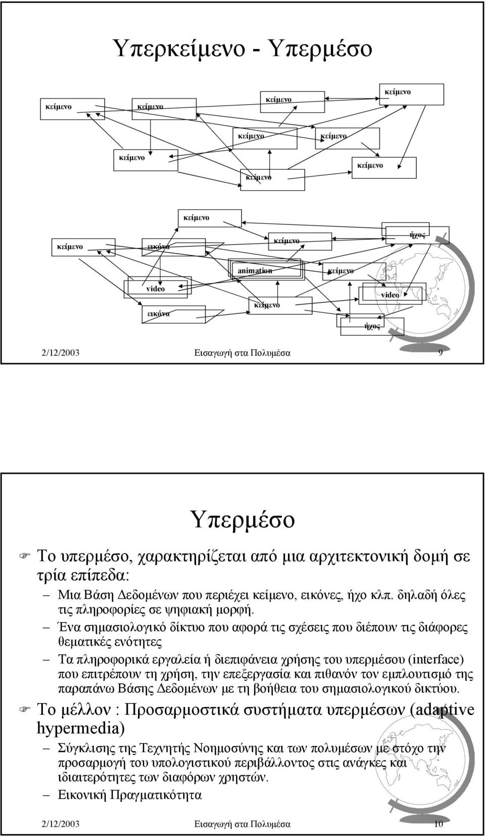 Ένα σηµασιολογικό δίκτυο που αφορά τις σχέσεις που διέπουν τις διάφορες θεµατικές ενότητες Τα πληροφορικά εργαλεία ή διεπιφάνεια χρήσης του υπερµέσου (interface) που επιτρέπουν τη χρήση, την