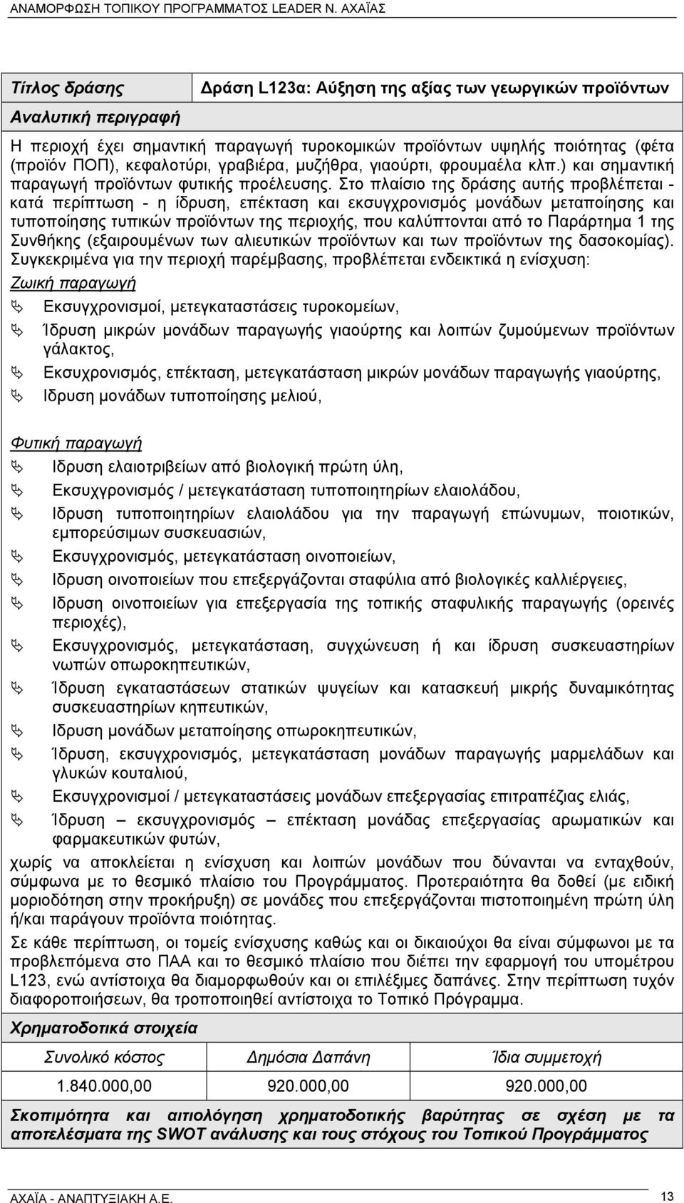 Στο πλαίσιο της δράσης αυτής προβλέπεται - κατά περίπτωση - η ίδρυση, επέκταση και εκσυγχρονισμός μονάδων μεταποίησης και τυποποίησης τυπικών προϊόντων της περιοχής, που καλύπτονται από το Παράρτημα