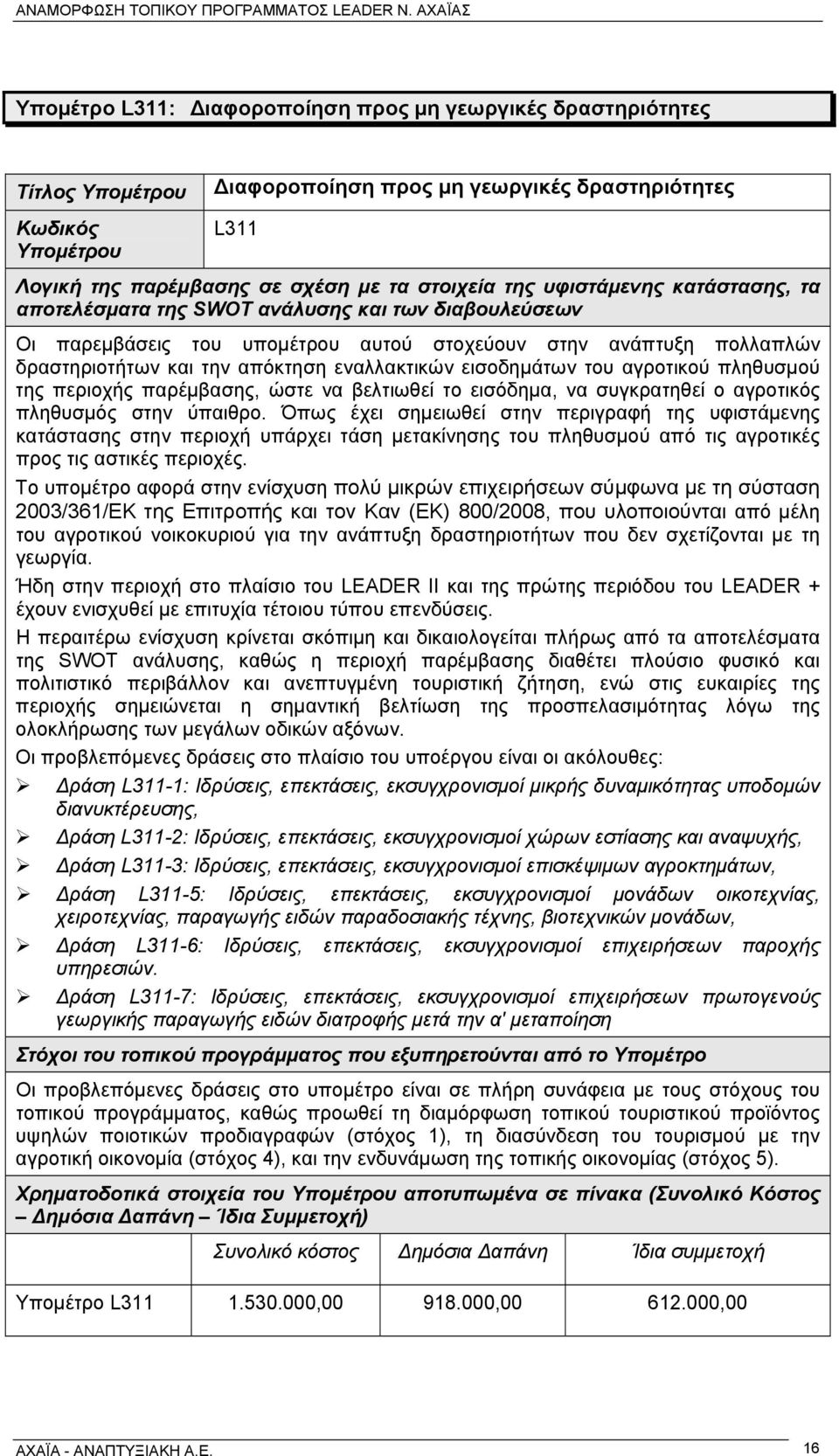 εισοδημάτων του αγροτικού πληθυσμού της περιοχής παρέμβασης, ώστε να βελτιωθεί το εισόδημα, να συγκρατηθεί ο αγροτικός πληθυσμός στην ύπαιθρο.