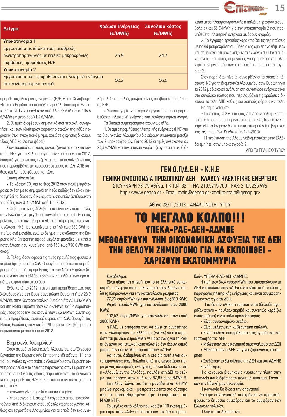 Ενδεικτικά το 2012 κυμάνθηκαν από 46,5 /MWh έως 104,4 /MWh με μέσο όρο 71,4 /MWh. 2. Οι τιμές διαφέρουν σημαντικά ανά περιοχή, συναρτήσει και των ιδιαίτερων χαρακτηριστικών της κάθε περιοχής (π.χ. ενεργειακό μίγμα, χρεώσεις χρήσης δικτύου, τέλος ΑΠΕ και λοιποί φόροι).