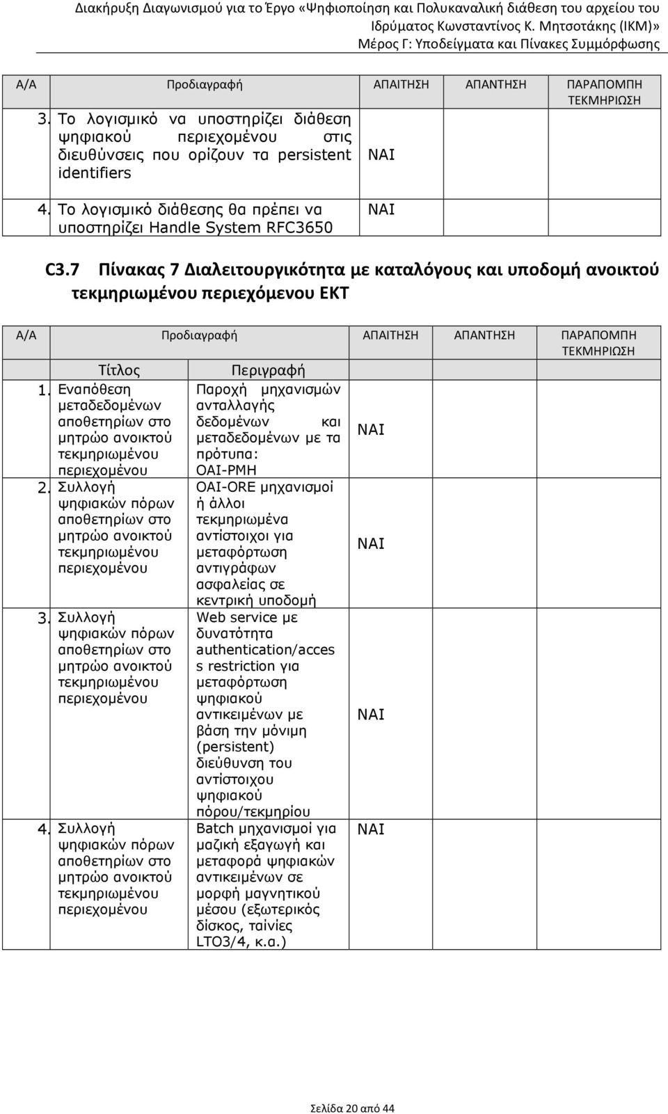 7 Πίνακας 7 Διαλειτουργικότητα με καταλόγους και υποδομή ανοικτού τεκμηριωμένου περιεχόμενου ΕΚΤ Α/Α Προδιαγραφή ΑΠΑΙΤΗΣΗ ΑΠΑΝΤΗΣΗ ΠΑΡΑΠΟΜΠΗ ΤΕΚΜΗΡΙΩΣΗ Τίτλος 1.