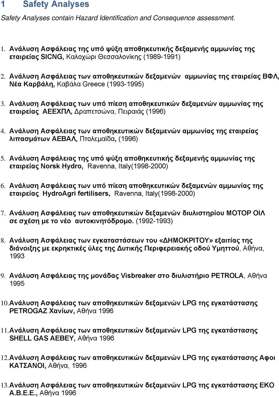 Ανάλυση Ασφάλειας των αποθηκευτικών δεξαμενών αμμωνίας της εταιρείας ΒΦΛ, Νέα Καρβάλη, Καβάλα Greece (1993-1995) 3.