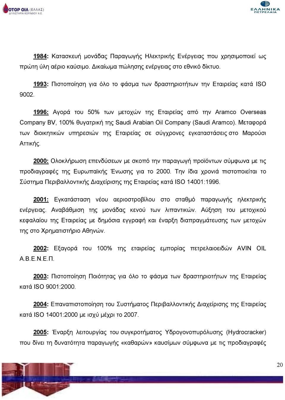 1996: Αγορά του 50% των μετοχών της Εταιρείας από την Aramco Overseas Company BV, 100% θυγατρική της Saudi Arabian Oil Company (Saudi Aramco).