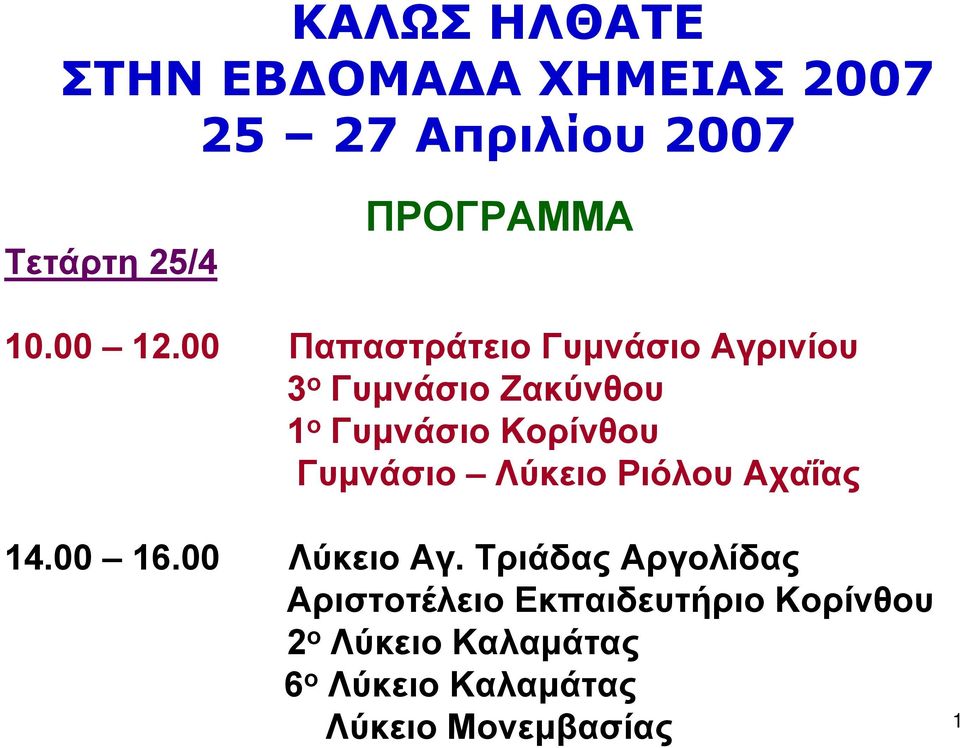 00 Παπαστράτειο Γυμνάσιο Αγρινίου 3 ο Γυμνάσιο Ζακύνθου 1 ο Γυμνάσιο Κορίνθου