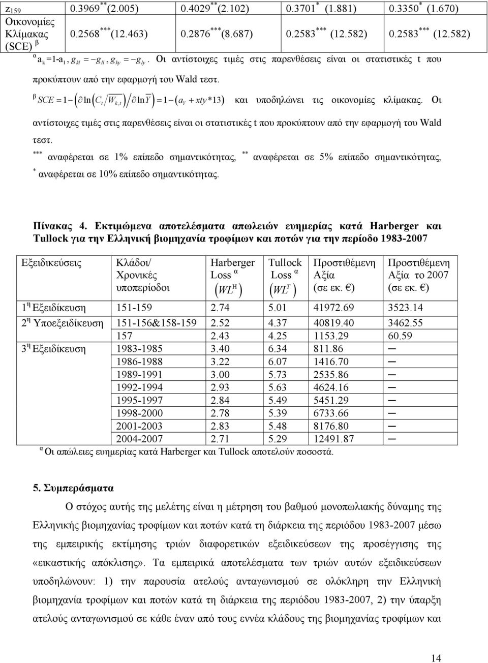 β ( (, ) ) ( SCE = 1 ln C W lny = 1 a + xty *13) και υποδηλώνει τις οικονομίες κλίμακας.