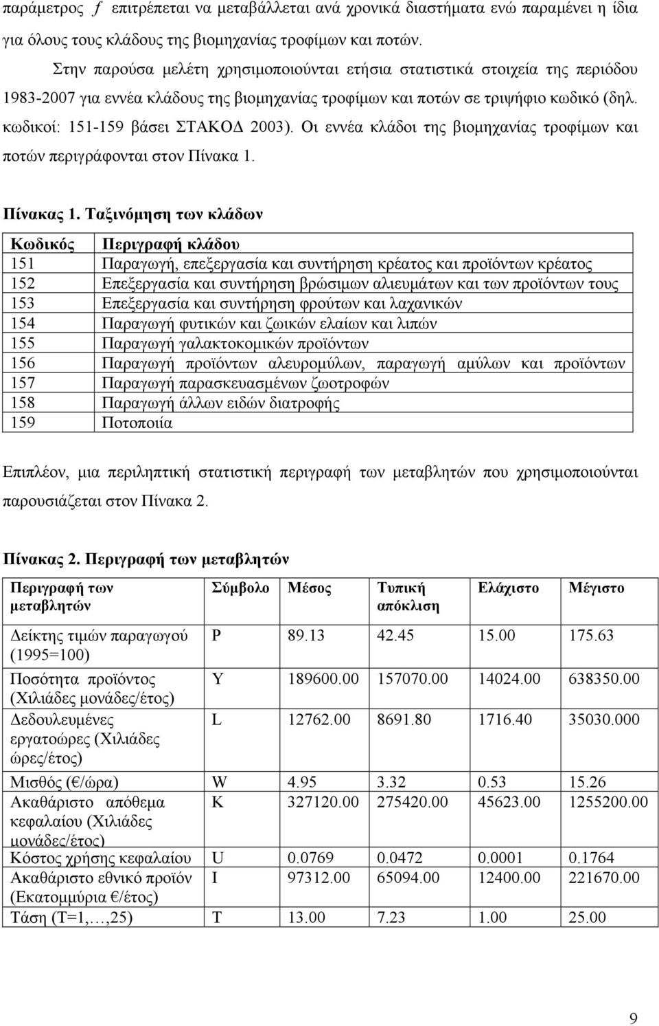 κωδικοί: 151-159 βάσει ΣΤΑΚΟΔ 2003). Οι εννέα κλάδοι της βιομηχανίας τροφίμων και ποτών περιγράφονται στον Πίνακα 1. Πίνακας 1.