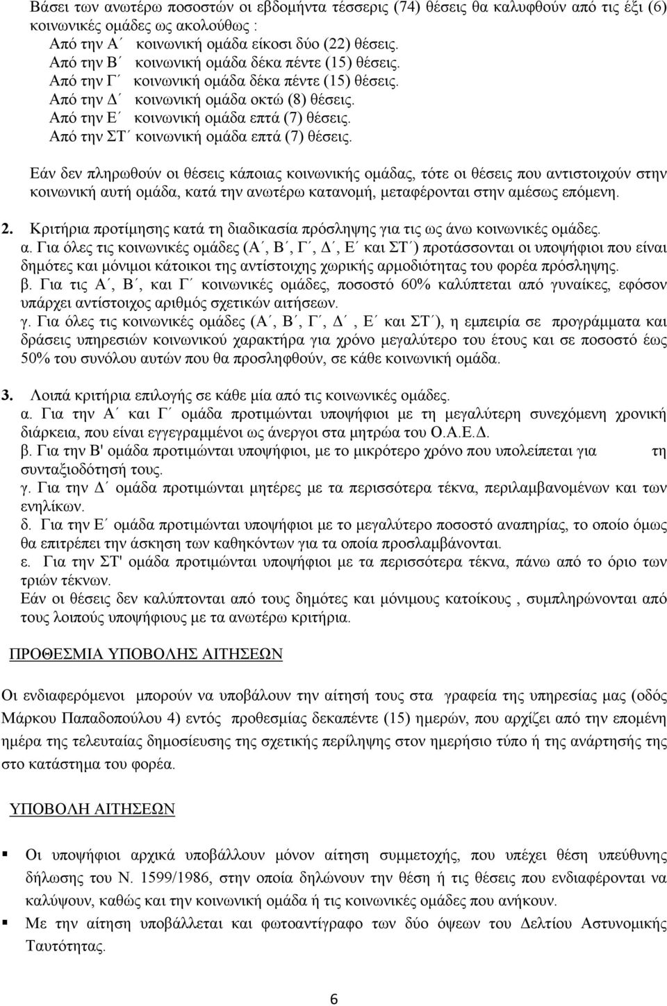 Από την ΣΤ κοινωνική ομάδα επτά (7) θέσεις.