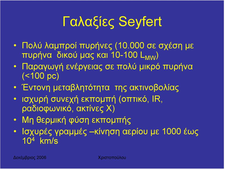 μικρό πυρήνα (<100 pc) Έντονη μεταβλητότητα της ακτινοβολίας ισχυρή συνεχή