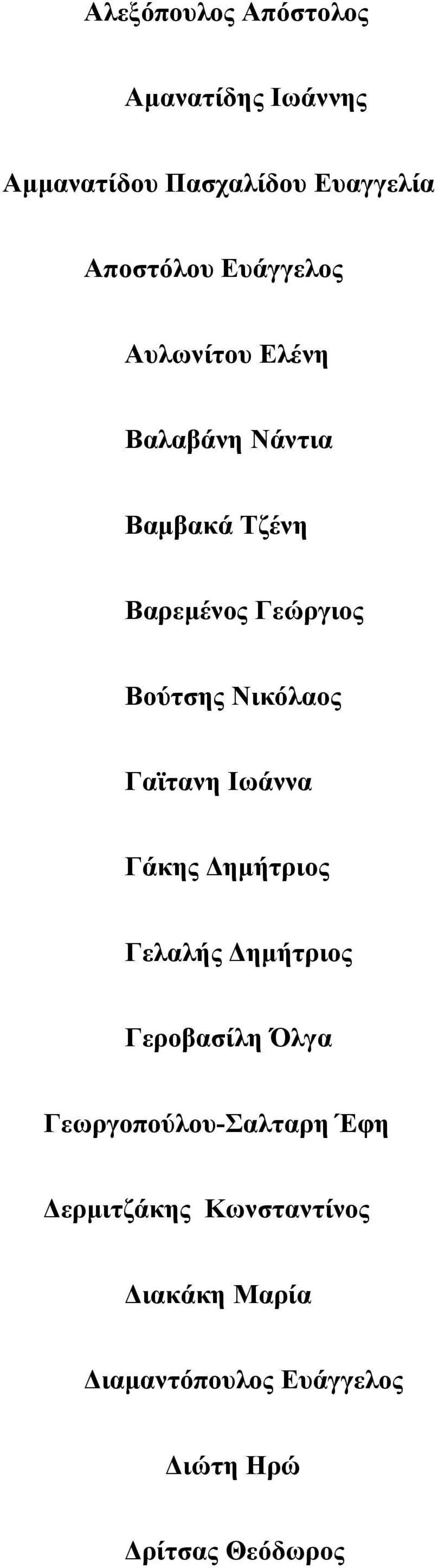 Νικόλαος Γαϊτανη Ιωάννα Γάκης Δημήτριος Γελαλής Δημήτριος Γεροβασίλη Όλγα