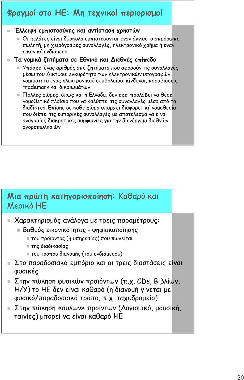 νομιμότητα ενός ηλεκτρονικού συμβολαίου, κίνδυνοι, παραβιάσεις trademark και δικαιωμάτων Πολλές χώρες, όπως και η Ελλάδα, δεν έχει προλάβει να θέσει νομοθετικό πλαίσιο που να καλύπτει τις συναλλαγές