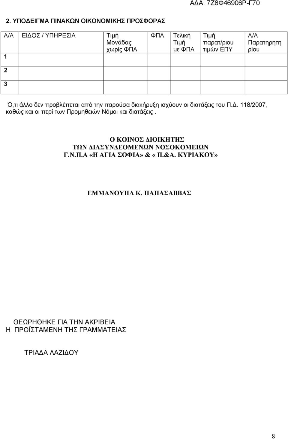 Δ. 118/2007, καθώς και οι περί των Προμηθειών Νόμοι και διατάξεις. Ο ΚΟΙΝΟΣ ΔΙΟΙΚΗΤΗΣ ΤΩΝ ΔΙΑΣΥΝΔΕΟΜΕΝΩΝ ΝΟΣΟΚΟΜΕΙΩΝ Γ.Ν.Π.Α «Η ΑΓΙΑ ΣΟΦΙΑ» & «Π.