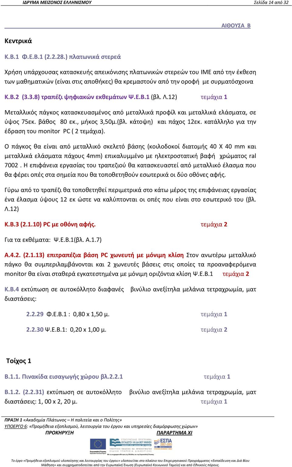 3.8) τραπέζι ψηφιακών εκθεμάτων Ψ.Ε.Β.1 (βλ. Λ.12) τεμάχια 1 Μεταλλικός πάγκος κατασκευασμένος από μεταλλικά προφίλ και μεταλλικά ελάσματα, σε ύψος 75εκ. βάθος 80 εκ., μήκος 3,50μ.(βλ. κάτοψη) και πάχος 12εκ.