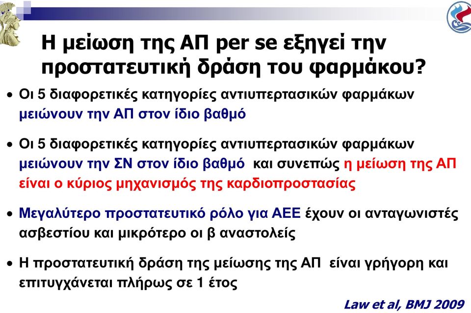 φαρµάκων µειώνουν την ΣΝ στον ίδιο βαθµό και συνεπώς η µείωση της ΑΠ είναι ο κύριος µηχανισµός της καρδιοπροστασίας Μεγαλύτερο