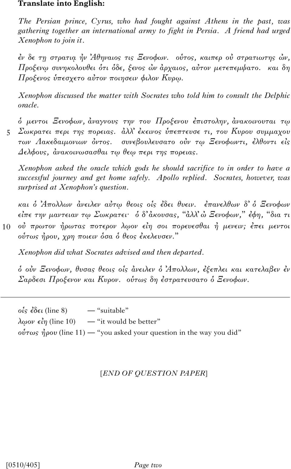 Xenophon discussed the matter with Socrates who told him to consult the Delphic oracle. 5 μεντοι Ξενοφων, αναγνους την του Προξενου πιστολην, ανακοινουται τ Σωκρατει περι της πορειας.