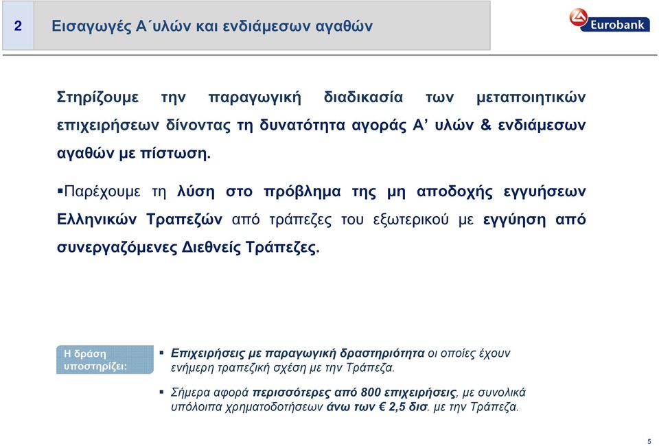 Παρέχουμε τη λύση στο πρόβλημα της μη αποδοχής εγγυήσεων Ελληνικών Τραπεζών από τράπεζες του εξωτερικού με εγγύηση από συνεργαζόμενες