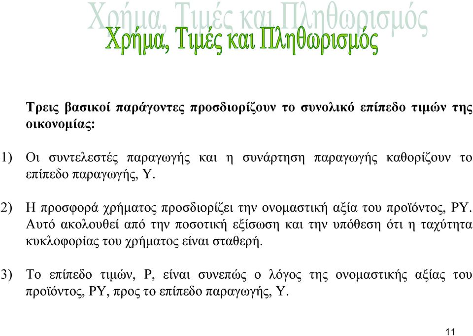 2) Η προσφορά χρήµατος προσδιορίζει την ονοµαστική αξία του προϊόντος, PY.