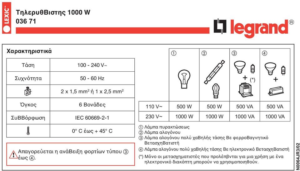 110 V~ 500 W 500 W 500 VA 500 VA 230 V~ 1000 W 1000 W 1000 VA 1000 VA Λάπα πυρακτώσεως Λάπα αλγνυ Λάπα αλγνυ πλύ αβηλής τάσης Βε