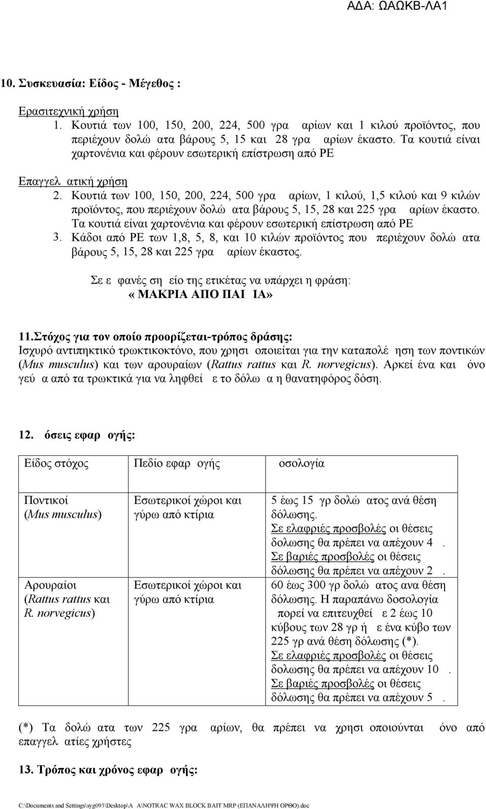 Κουτιά των 100, 150, 200, 224, 500 γραμμαρίων, 1 κιλού, 1,5 κιλού και 9 κιλών προϊόντος, που περιέχουν δολώματα βάρους 5, 15, 28 και 225 γραμμαρίων έκαστο.