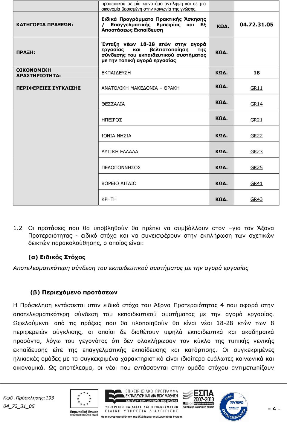 05 ΠΡΑΞΗ: Ένταξη νέων 18-28 ετών στην αγορά εργασίας και βελτιστοποίηση της σύνδεσης του εκπαιδευτικού συστήµατος µε την τοπική αγορά εργασίας ΚΩ.