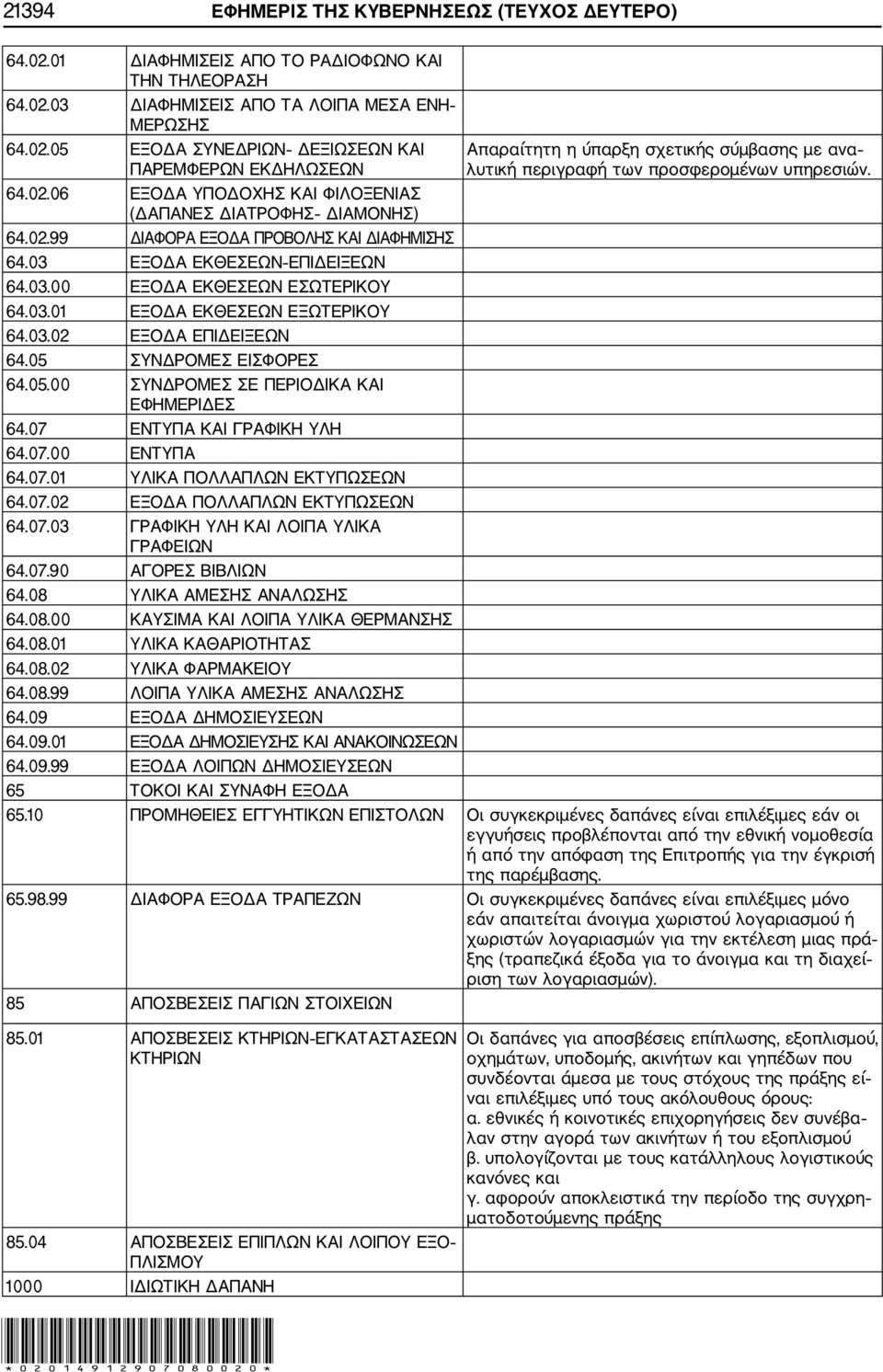 03.02 ΕΞΟΔΑ ΕΠΙΔΕΙΞΕΩΝ 64.05 ΣΥΝΔΡΟΜΕΣ ΕΙΣΦΟΡΕΣ 64.05.00 ΣΥΝΔΡΟΜΕΣ ΣΕ ΠΕΡΙΟΔΙΚΑ ΚΑΙ ΕΦΗΜΕΡΙΔΕΣ 64.07 ΕΝΤΥΠΑ ΚΑΙ ΓΡΑΦΙΚΗ ΥΛΗ 64.07.00 ΕΝΤΥΠΑ 64.07.01 ΥΛΙΚΑ ΠΟΛΛΑΠΛΩΝ ΕΚΤΥΠΩΣΕΩΝ 64.07.02 ΕΞΟΔΑ ΠΟΛΛΑΠΛΩΝ ΕΚΤΥΠΩΣΕΩΝ 64.