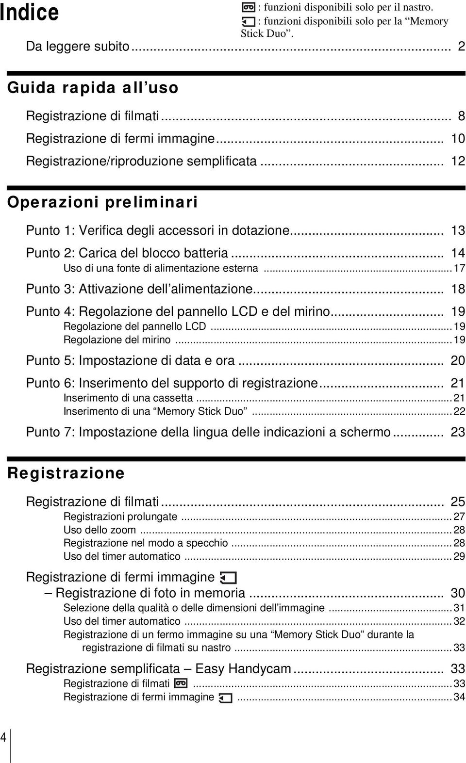 .. 14 Uso di una fonte di alimentazione esterna... 17 Punto 3: Attivazione dell alimentazione... 18 Punto 4: Regolazione del pannello LCD e del mirino... 19 Regolazione del pannello LCD.