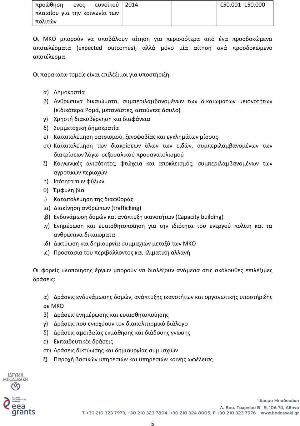 Οι παρακάτω τομείς είναι επιλέξιμοι για υποστήριξη: α) Δημοκρατία β) Ανθρώπινα δικαιώματα, συμπεριλαμβανομένων των δικαιωμάτων μειονοτήτων (ειδικότερα Ρομά, μετανάστες, αιτούντες άσυλο) γ) Χρηστή