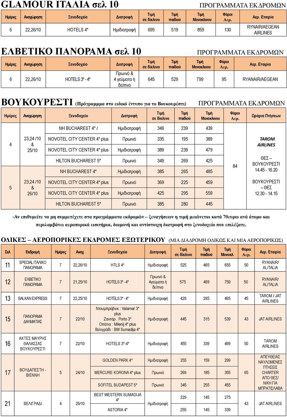 NOVOTEL CITY CENTER 4* plus Ημιδιατροφή 389 239 479 TAROM AIRLINES HILTON BUCHAREST 5* 349 269 425 ΝΗ BUCΗAREST 4* Ημιδιατροφή 385 265 485 84 ΘΕΣ ΒΟΥΚΟΥΡΕΣΤΙ 14.45 16.