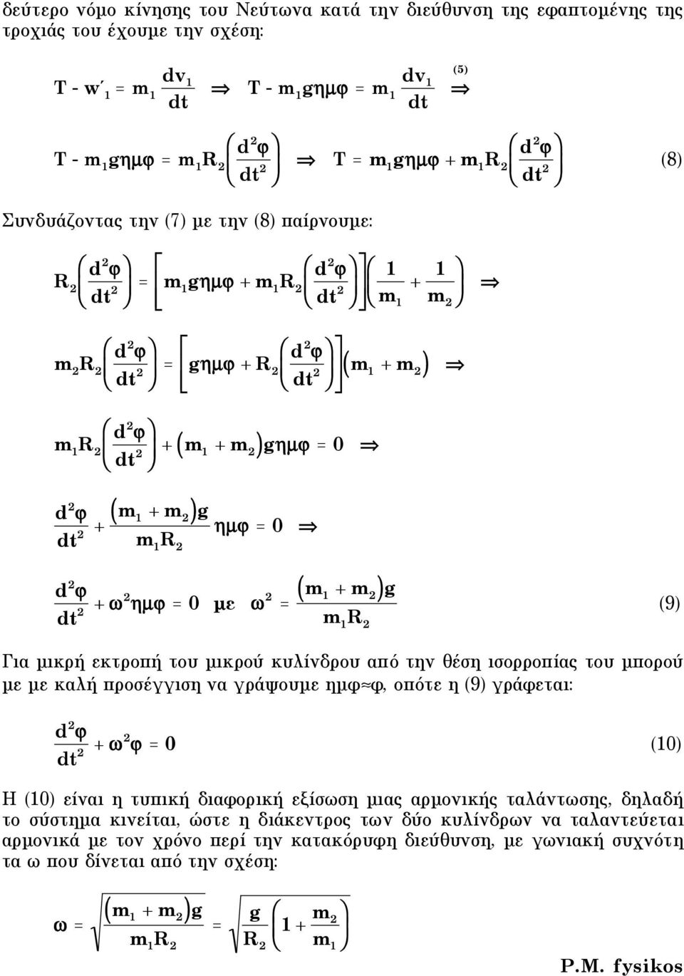 " d % m R $ # ' + ( m + m )g(µ = 0 d ( + m + m )g "µ = 0 m R ( ) d ( + " #µ = 0 µε = m + m )g (9) m R Για µικρή εκτροπή του µικρού κυλίνδρου από την θέση ισορροπίας του µπορού µε µε καλή προσέγγιση