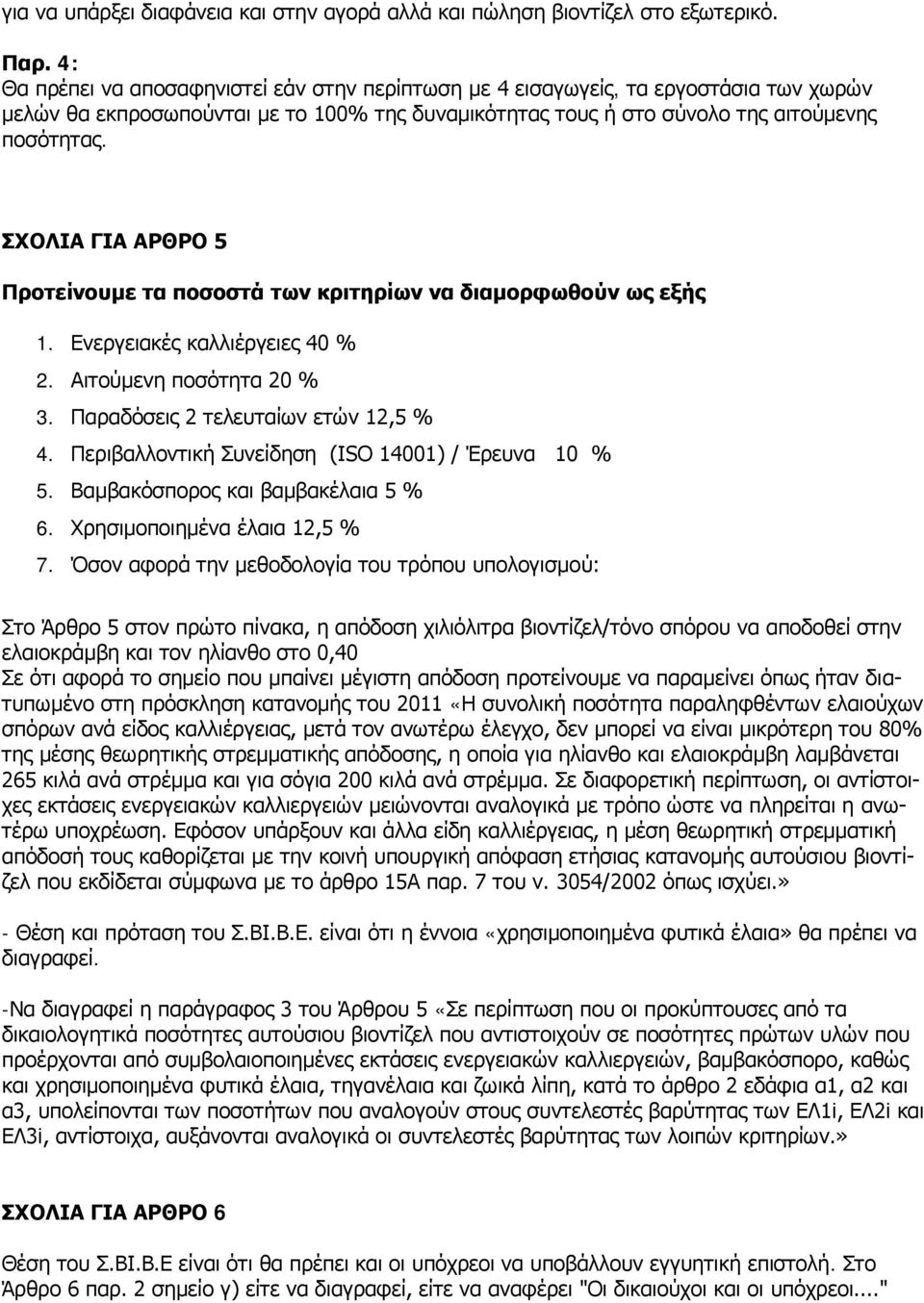 ΣΧΟΛΙΑ ΓΙΑ ΑΡΘΡΟ 5 Προτείνουμε τα ποσοστά των κριτηρίων να διαμορφωθούν ως εξής 1. Ενεργειακές καλλιέργειες 40 % 2. Αιτούμενη ποσότητα 20 % 3. Παραδόσεις 2 τελευταίων ετών 12,5 % 4.