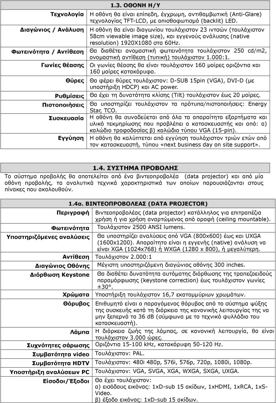 Φωτεινότητα / Αντίθεση Θα διαθέτει ονοµαστική φωτεινότητα τουλάχιστον 250 cd/m2, ονοµαστική αντίθεση (τυπική) τουλάχιστον 1.000:1.