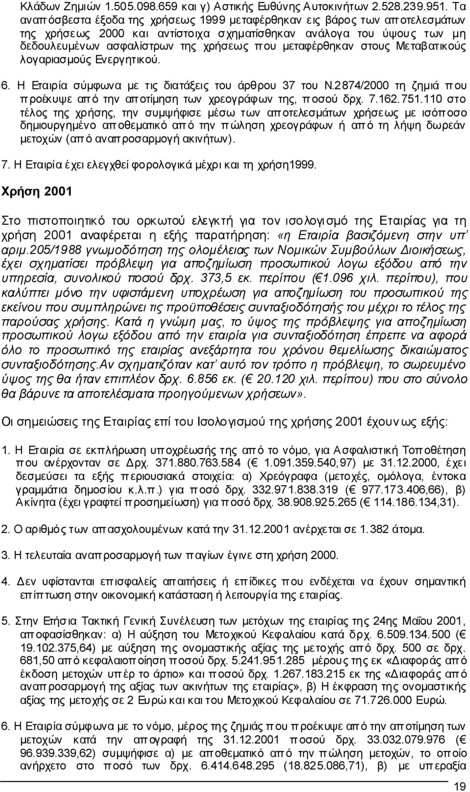 µεταφέρθηκαν στους Με ταβατικούς λογαριασµούς Ενεργητικού. 6. Η Εταιρ ία σύµφωνα µε τις διατάξεις του άρθρου 37 του Ν.2874/2000 τη ζηµιά που προέκυψε απ ό την απ οτίµηση των χρεογράφων της, ποσού δρχ.