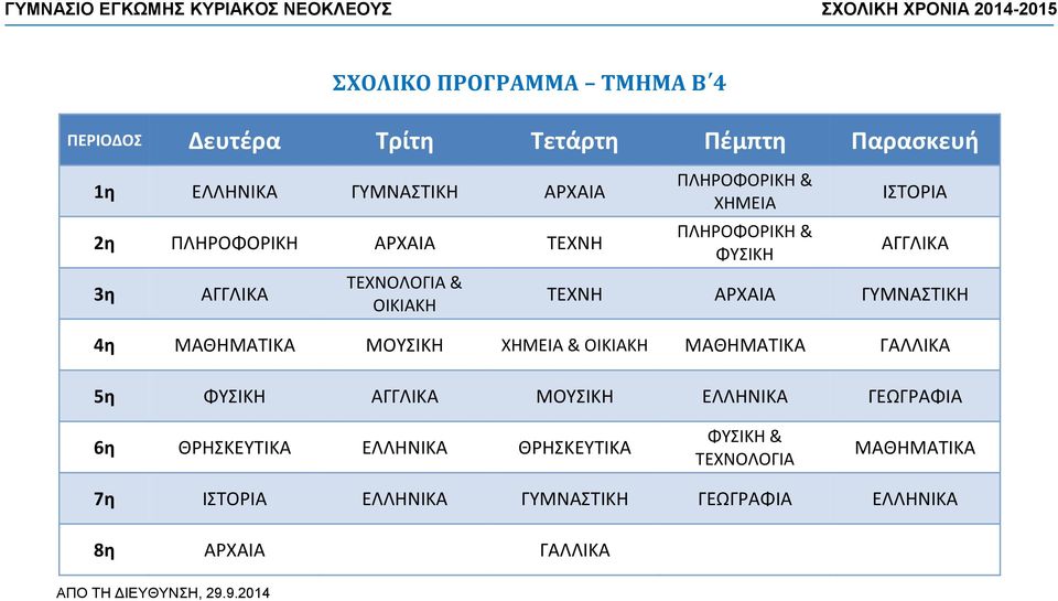 ΧΗΜΕΙΑ & ΓΑΛΛΙΚΑ 5η ΑΓΓΛΙΚΑ ΜΟΥΣΙΚΗ ΕΛΛΗΝΙΚΑ ΓΕΩΓΡΑΦΙΑ 6η ΘΡΗΣΚΕΥΤΙΚΑ ΕΛΛΗΝΙΚΑ