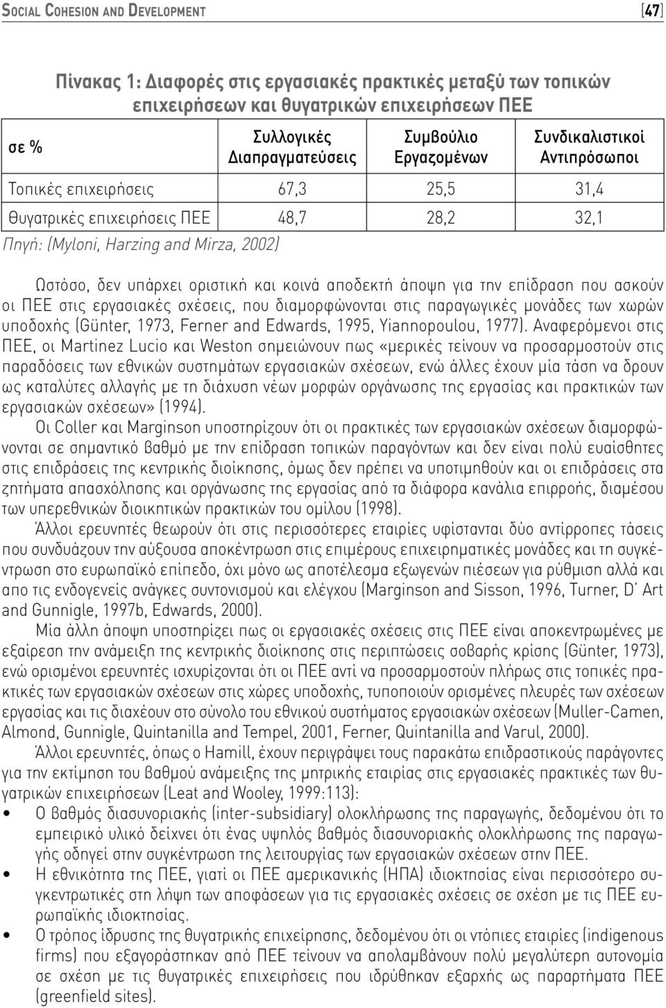 αποδεκτή άποψη για την επίδραση που ασκούν οι ΠΕΕ στις εργασιακές σχέσεις, που διαμορφώνονται στις παραγωγικές μονάδες των χωρών υποδοχής (Günter, 1973, Ferner and Edwards, 1995, Yiannopoulou, 1977).