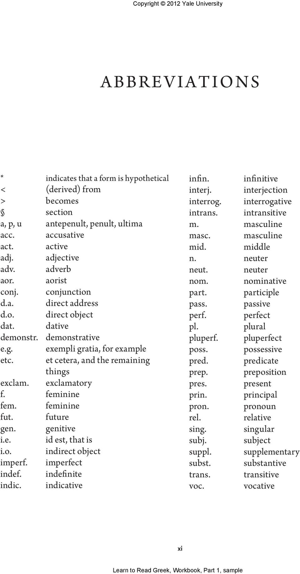 feminine fem. feminine fut. future gen. genitive i.e. id est, that is i.o. indirect object imperf. imperfect indef. indefinite indic. indicative infin. infinitive interj. interjection interrog.