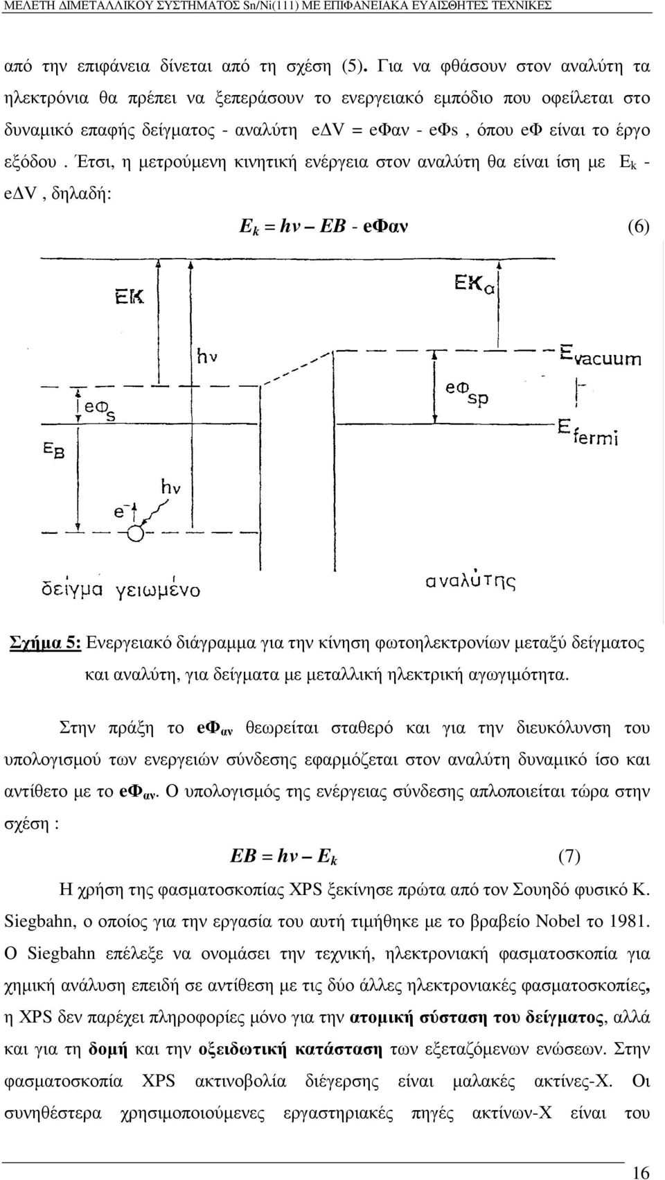 Έτσι, η µετρούµενη κινητική ενέργεια στον αναλύτη θα είναι ίση µε Ε k - e V, δηλαδή: E k = hν EB - eφαν (6) Σχήµα 5: Ενεργειακό διάγραµµα για την κίνηση φωτοηλεκτρονίων µεταξύ δείγµατος και αναλύτη,