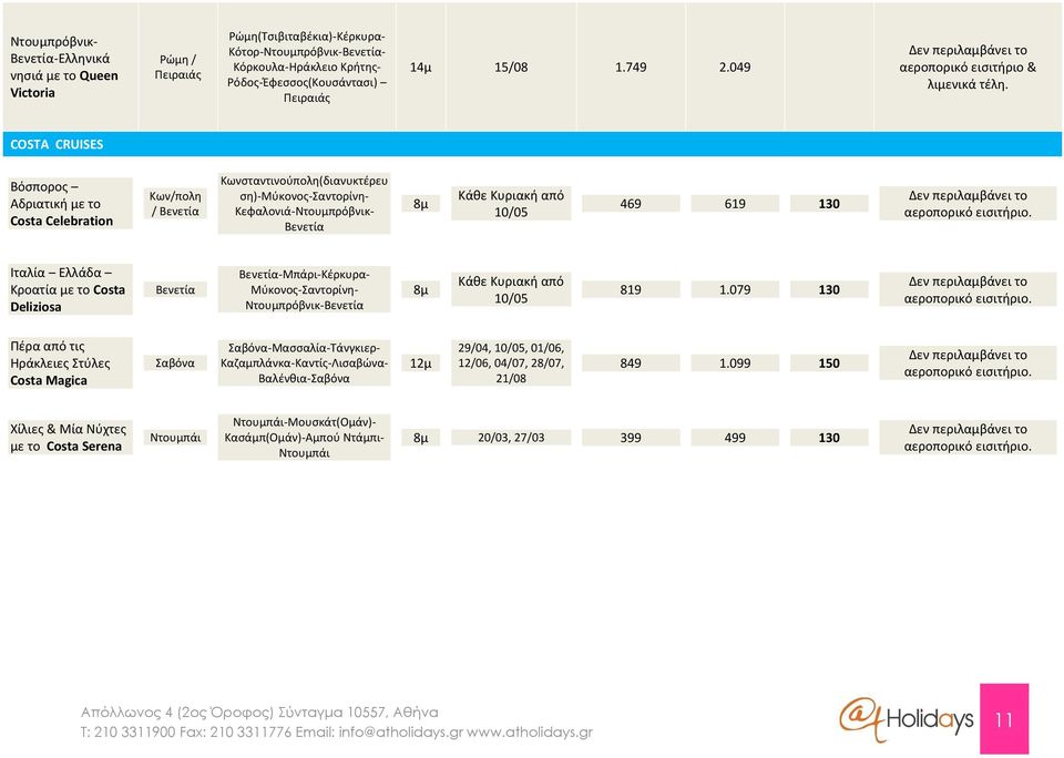 130 αεροπορικό εισιτήριο. Ιταλία Ελλάδα Κροατία με το Costa Deliziosa Βενετία Βενετία-Μπάρι-Κέρκυρα- Μύκονος-Σαντορίνη- Ντουμπρόβνικ-Βενετία 8μ Κάθε Κυριακή από 10/05 819 1.